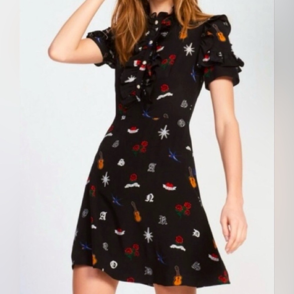 Sandro Wendy Tattoo Print Dress Silk Ruffle Trim Aline Side Zipper Size 2 $495